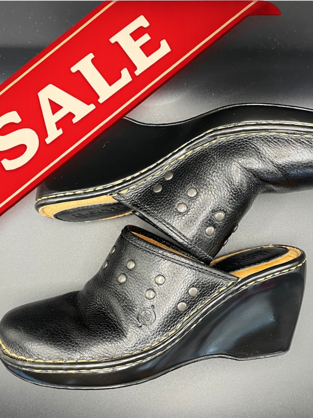 Stunning Børn Black Leather Studded Wedge Mules - Size 6  🌟 Cult following!